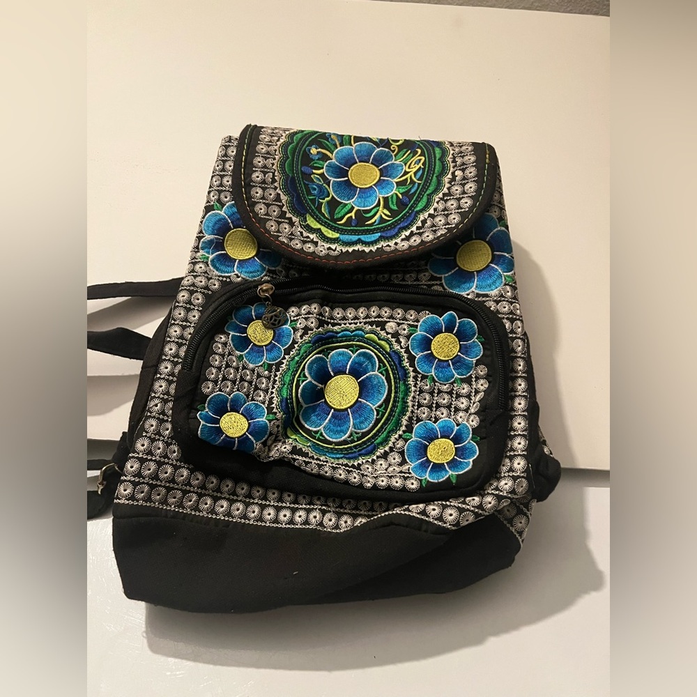 Embroidered Floral Black Backpack